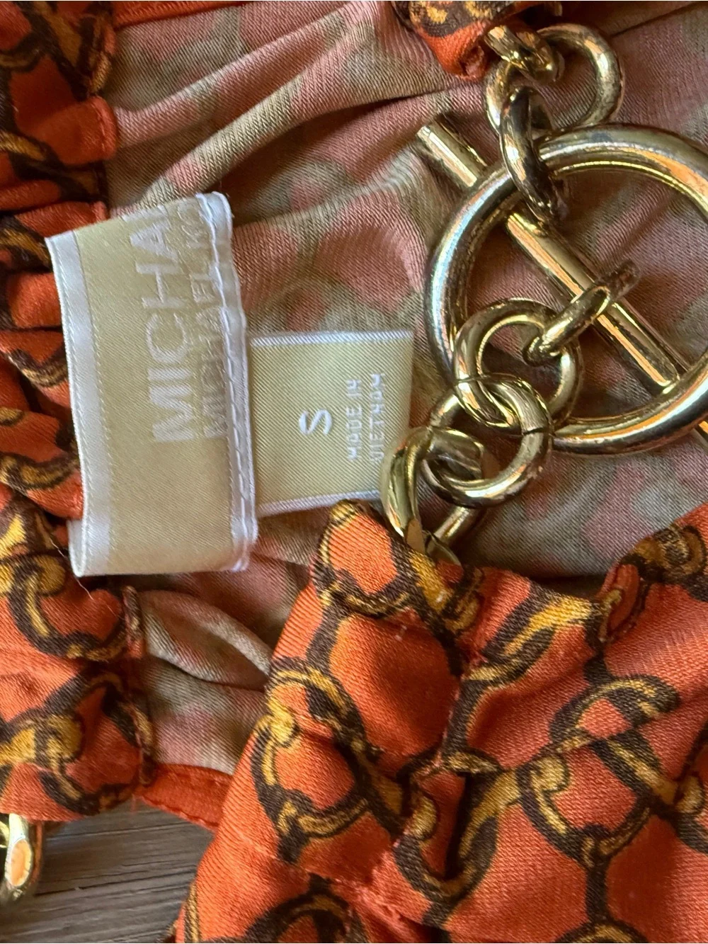 Michael Kors Orange Chain-Link Halter Mini Dress with Gold Straps